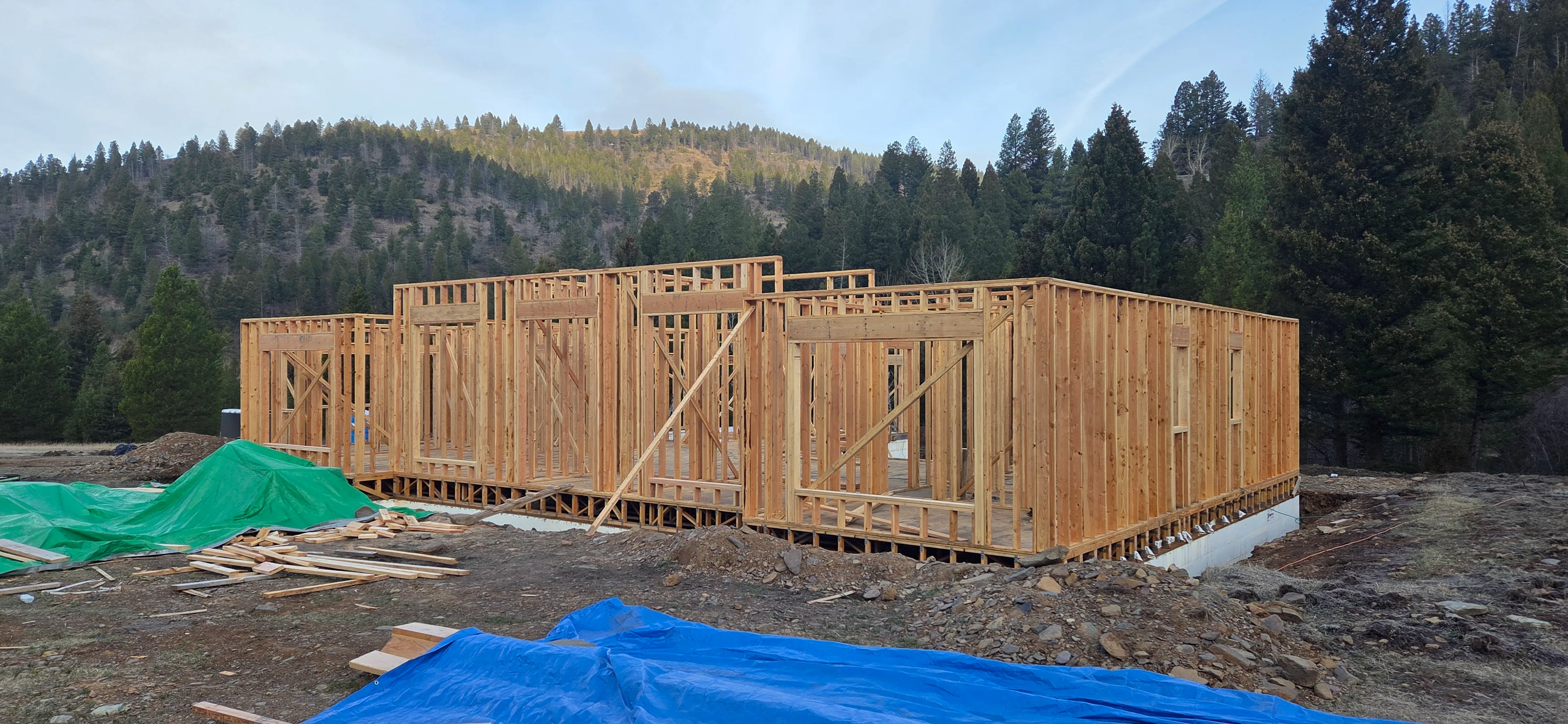 Wood-framed residential structure with stud walls, cross-bracing, and raised foundation in mountain forest setting