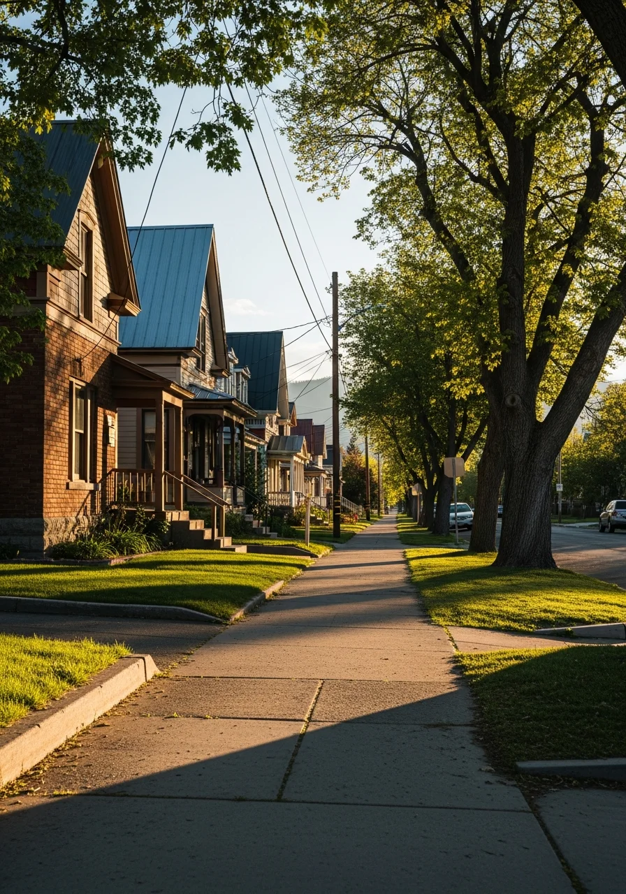 Butte residential street with period homes and mature trees.