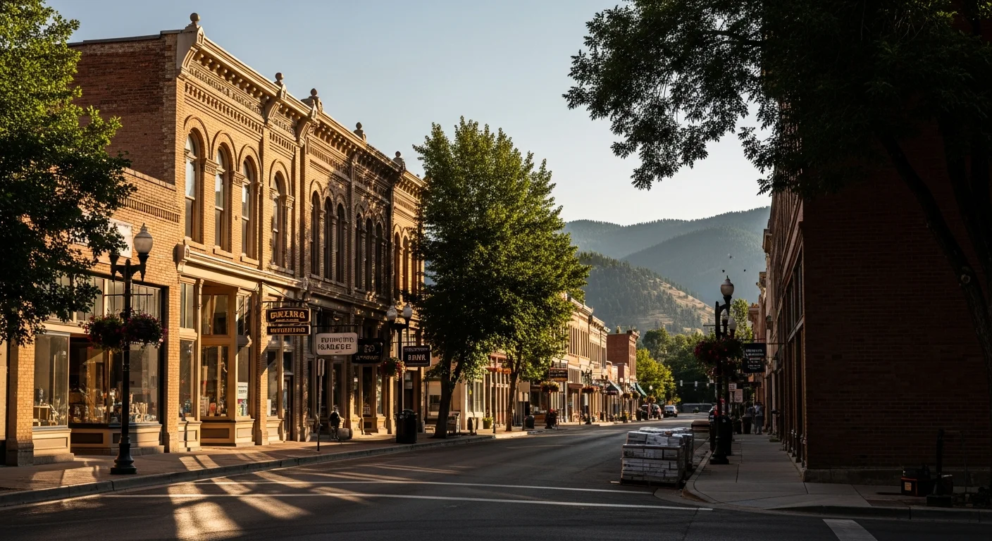 Historic downtown Helena street with mountain backdrop and mixed-use buildings in afternoon light.