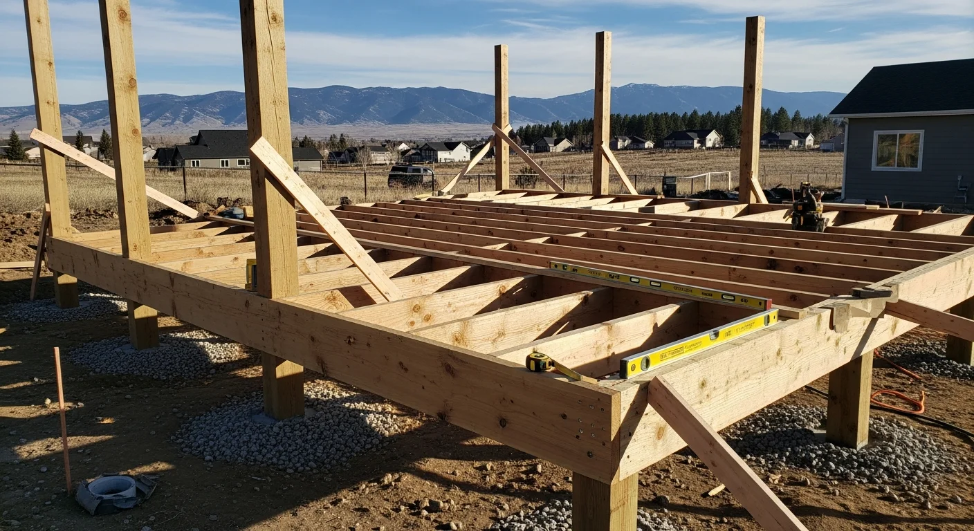 A newly built wood-framed deck attached to a single-family home in Helena, Montana, with a railed staircase leading to a backyard lawn and mountain foothills visible in the background. The deck structure shows exposed post footings and evenly spaced decking boards typical of cold-climate residential construction.