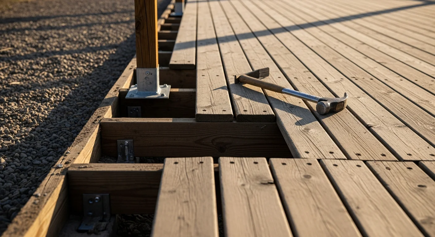 A repaired residential deck in Helena, Montana with replaced decking boards, secured railing posts, and restored framing visible at the rim. Snow-capped hills are visible in the background, showing the outdoor conditions Helena decks must withstand.