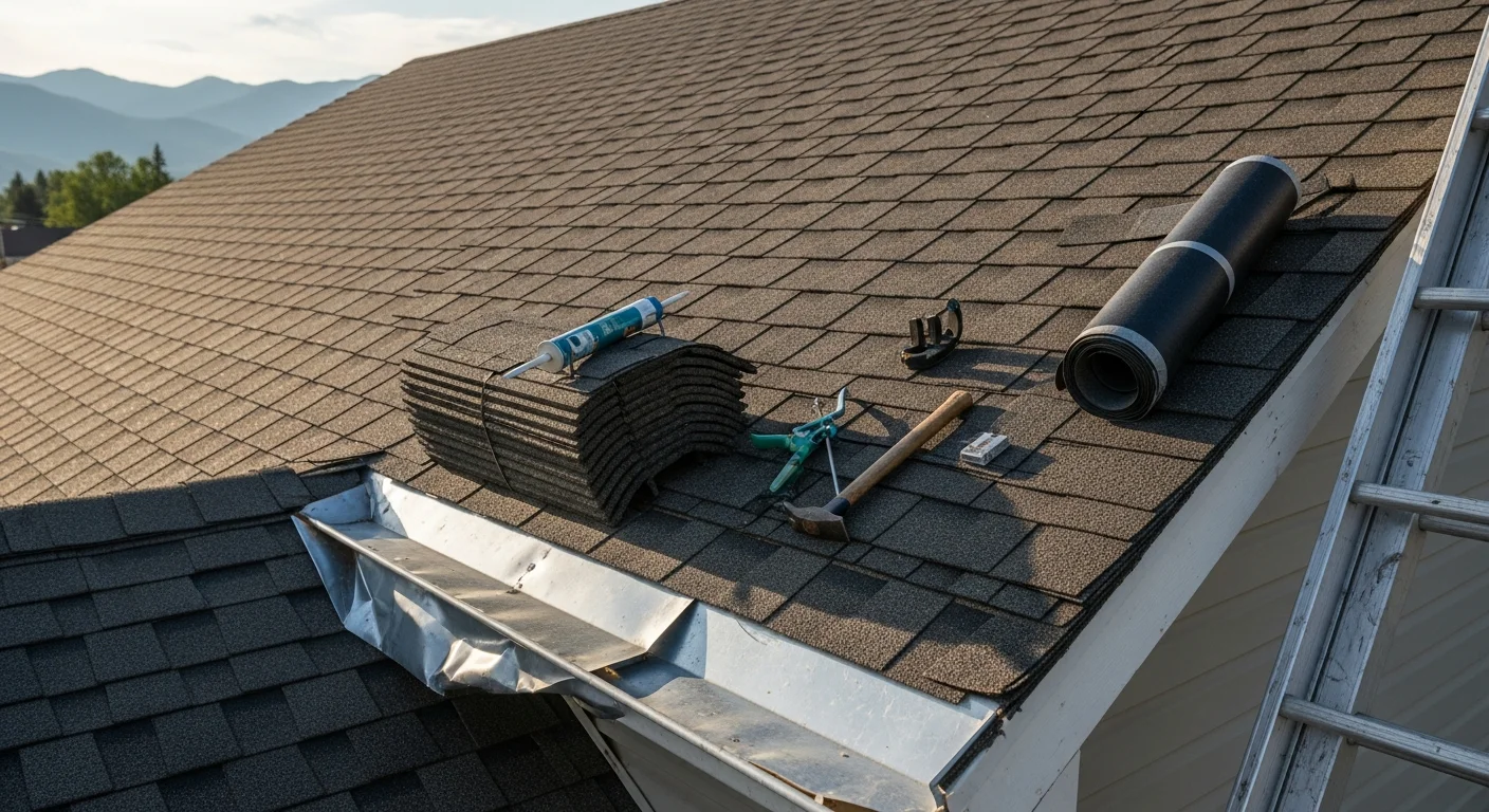 A Helena, Montana residential roof with storm damage showing missing shingles and exposed decking following a high-wind event. A roofing contractor from MWR Construction LLC inspects the damage from the roof surface on a clear day after the storm.