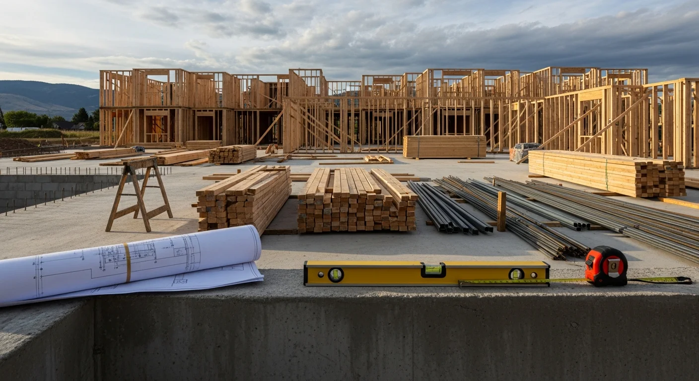 A newly framed multi-family residential building under construction in Helena, Montana, with wood framing visible against a clear sky and the surrounding foothills in the background. A MWR Construction crew works on the structure as foundation forms and lumber are staged on the job site.
