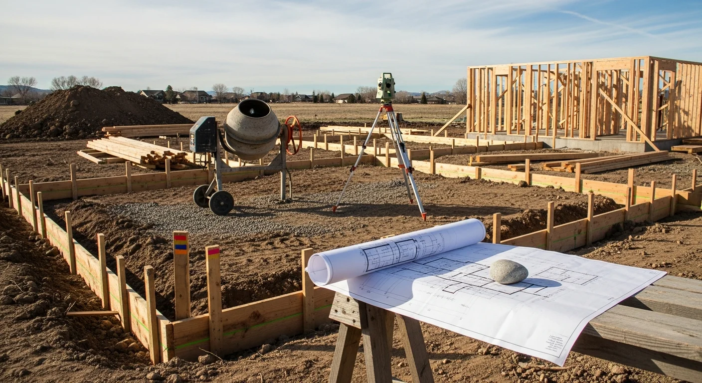 A newly framed single-family home under construction on a residential lot in Helena, Montana, with exposed roof trusses and foundation work visible against a clear sky. The build shows structural framing suited to Montana's snow load and cold-climate construction requirements.