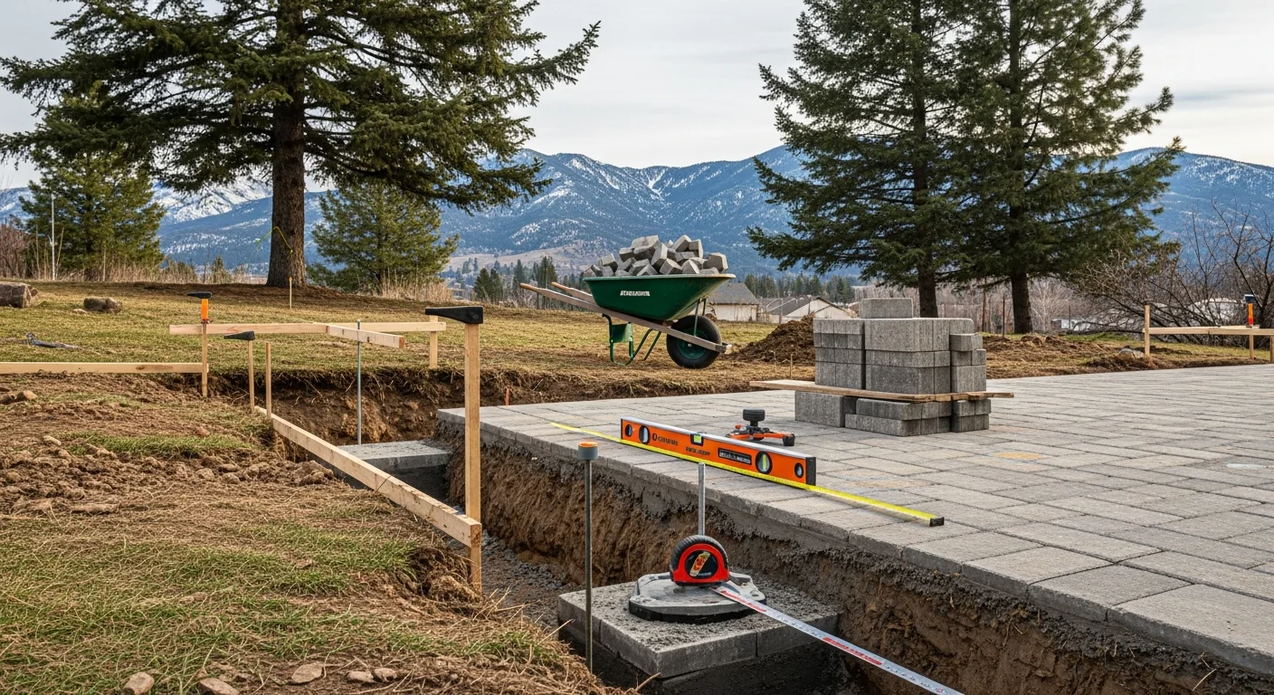 A finished concrete patio behind a residential home in Helena, Montana, with a clear view of the surrounding mountain landscape. The patio surface is level and edged cleanly against a graded backyard, built to handle Montana's freeze-thaw seasons.