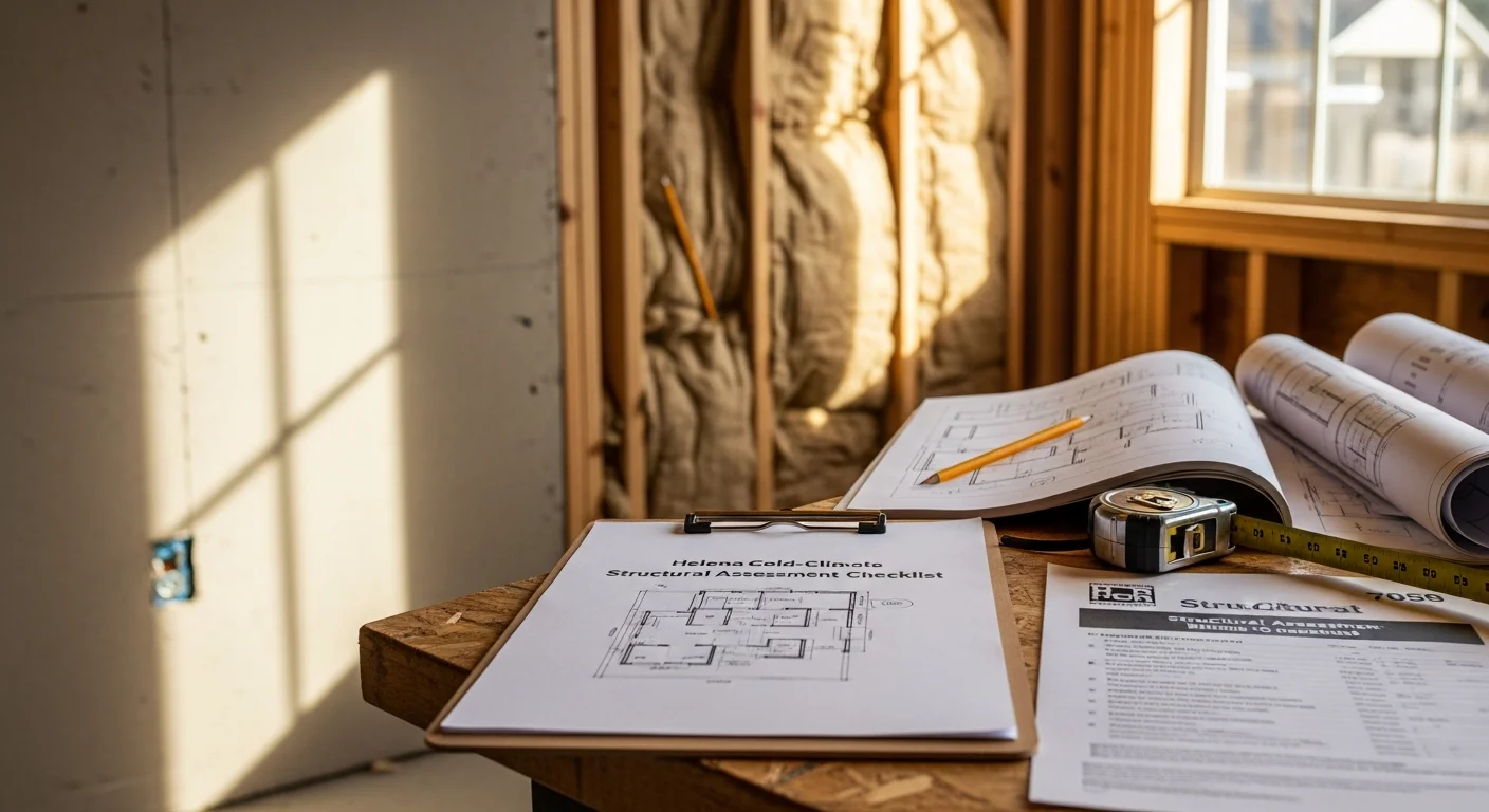 A general contractor reviewing remodeling plans with a homeowner inside a Helena, Montana residence. The contractor points to structural details on a printed floor plan during an in-home consultation.