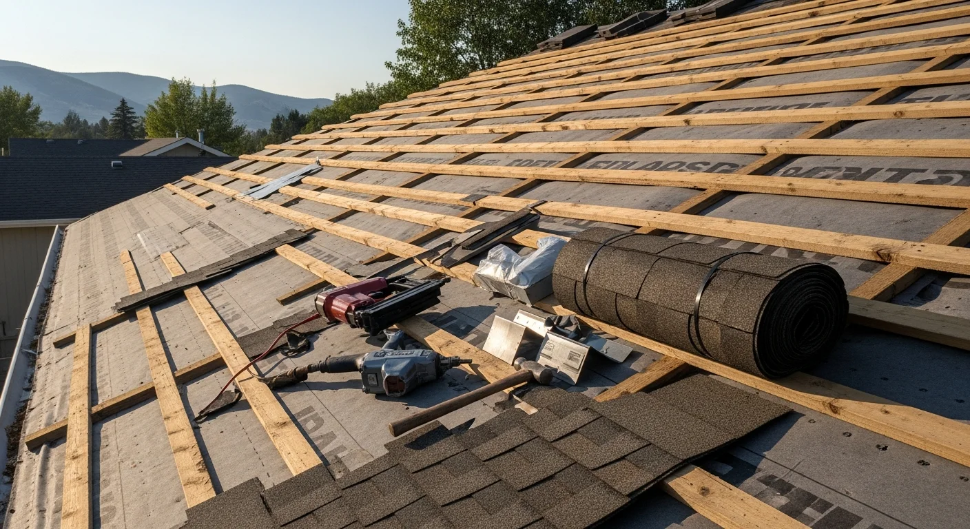 A completed residential roof replacement on a single-family home in Helena, Montana, showing new roofing materials installed over a steep-pitch structure with snow-ready eave lines. The surrounding landscape reflects Helena's Northern Rockies setting with a clear view of the finished ridge and flashing work.