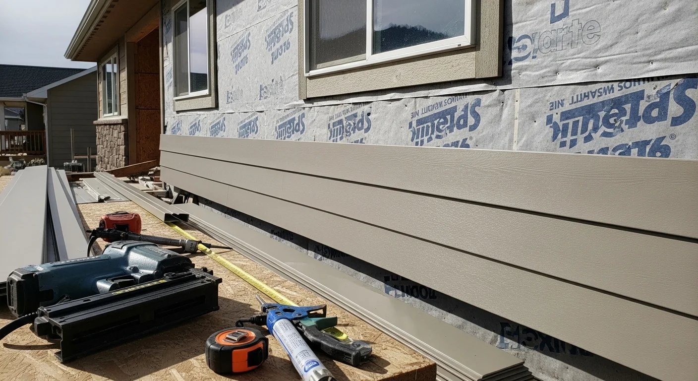 A Helena, Montana home with newly installed residential siding, showing clean panel lines and finished trim against a backdrop of mountain foothills. Close-up detail of corner flashing and window trim work completed by MWR Construction LLC.