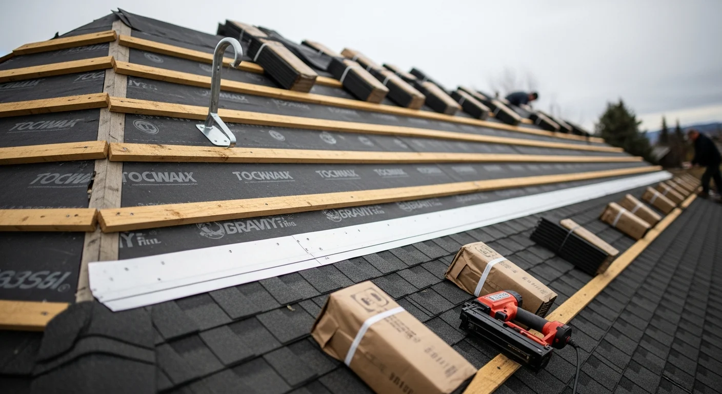 A newly installed residential roof on a single-family home in Helena, Montana, showing clean ridge lines and uniform shingle courses against a backdrop of the surrounding mountain terrain. The installation reflects a finished, weather-ready roofline suited to Montana's high-elevation climate.