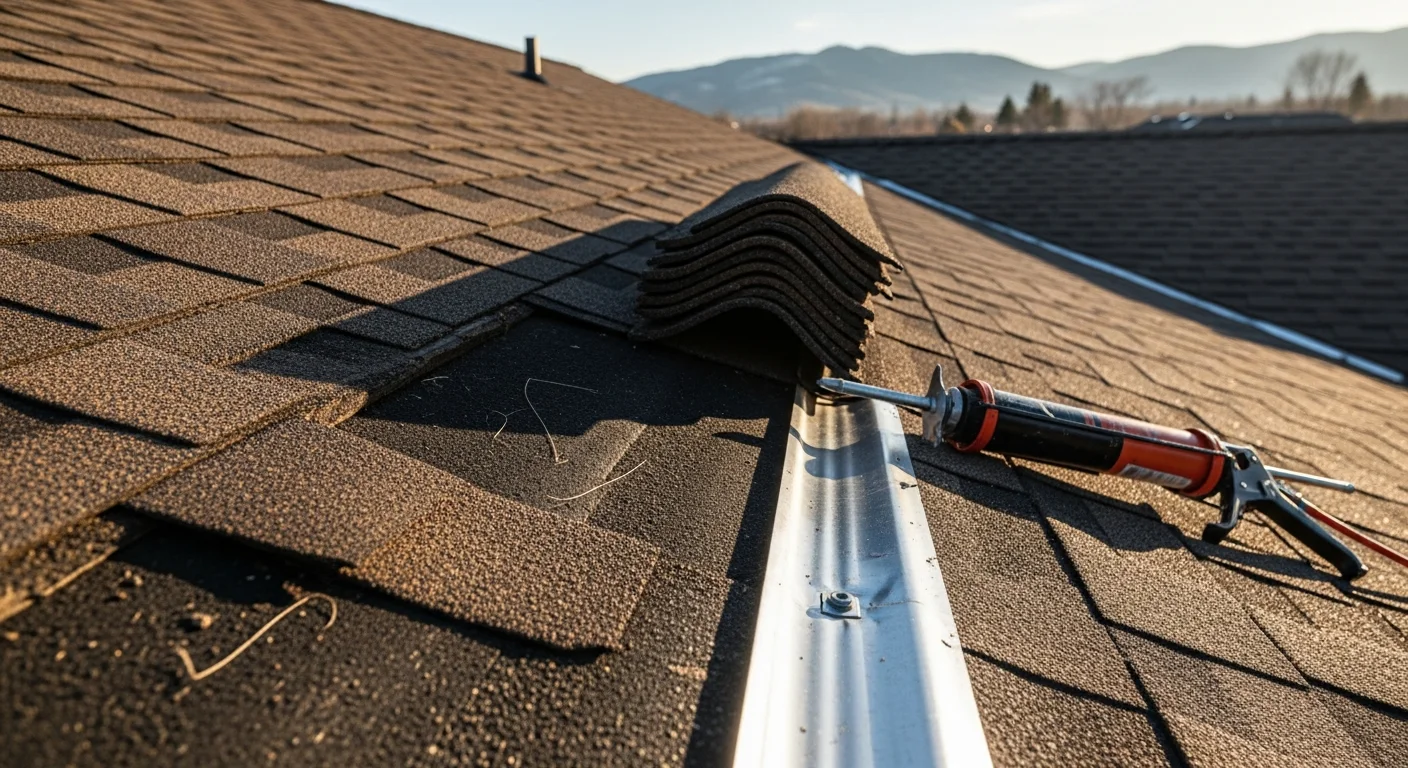 A roofing contractor repairing storm-damaged shingles on a residential home in Helena, Montana, with snow-capped mountains visible in the background. Close-up view shows replaced shingles and resealed flashing along the roof edge.