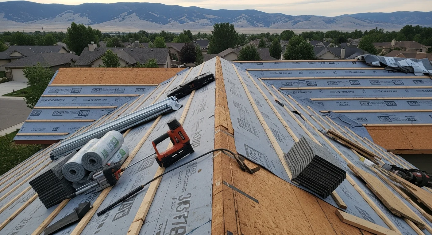 A completed residential roof replacement on a single-story Helena, Montana home, showing new roofing material installed over a full tear-off with clean ridge lines and updated flashing around the chimney. The surrounding landscape reflects the high-elevation Rocky Mountain Front setting typical of the Helena area.