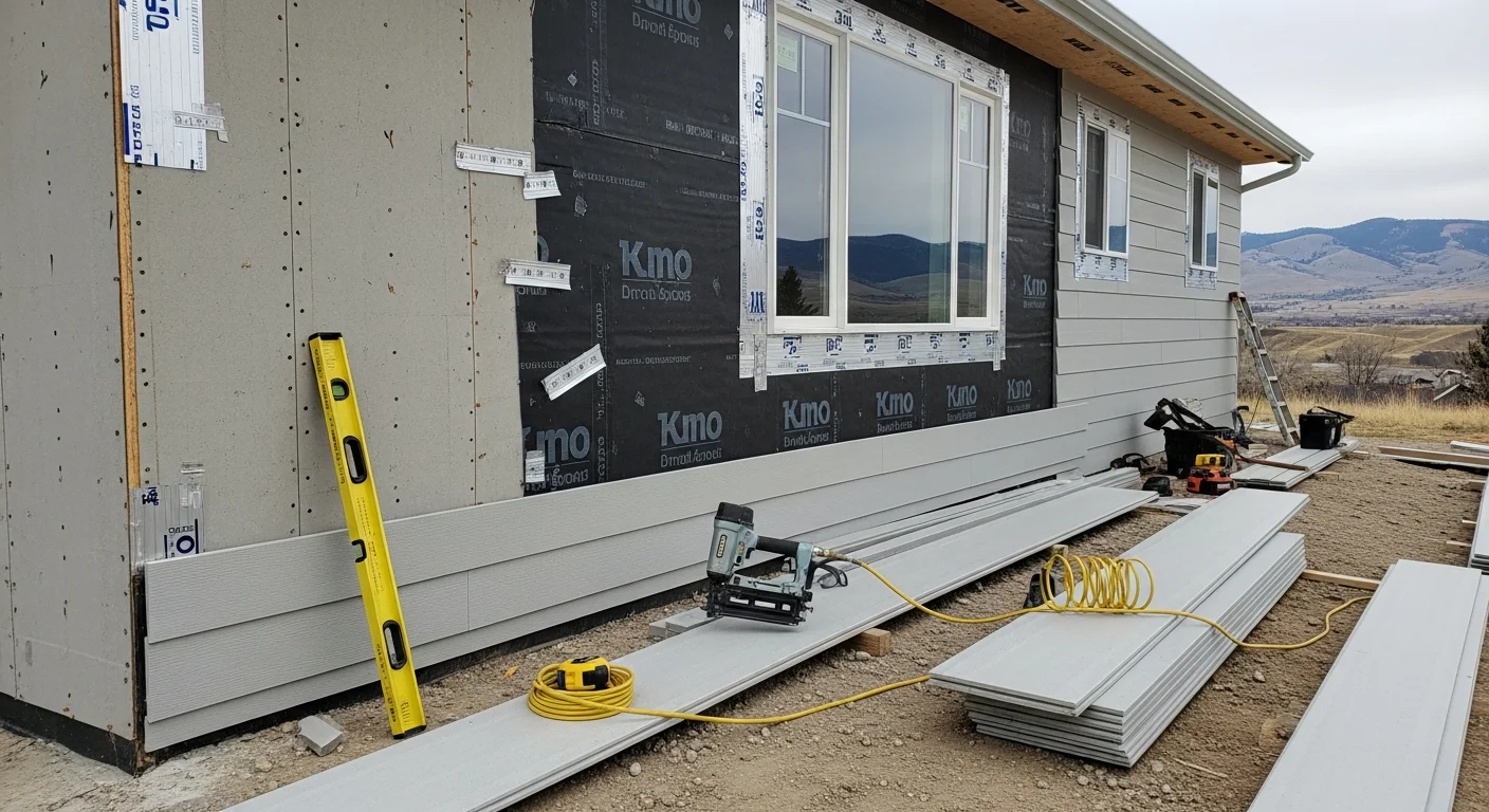 Newly installed exterior siding on a single-family home in Helena, Montana, with clean panel lines and finished trim around windows. The home sits against a backdrop of foothills typical of the Prickly Pear Valley.
