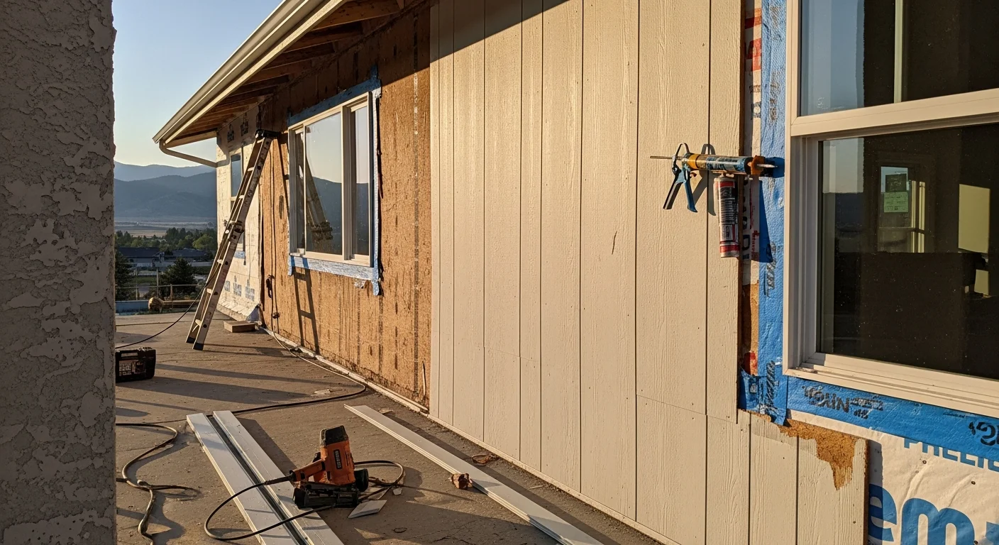 Freshly installed exterior siding on a single-family home in Helena, Montana, showing tight panel seams and clean trim around windows. The completed replacement covers the full front and side elevations against a backdrop of the surrounding valley landscape.