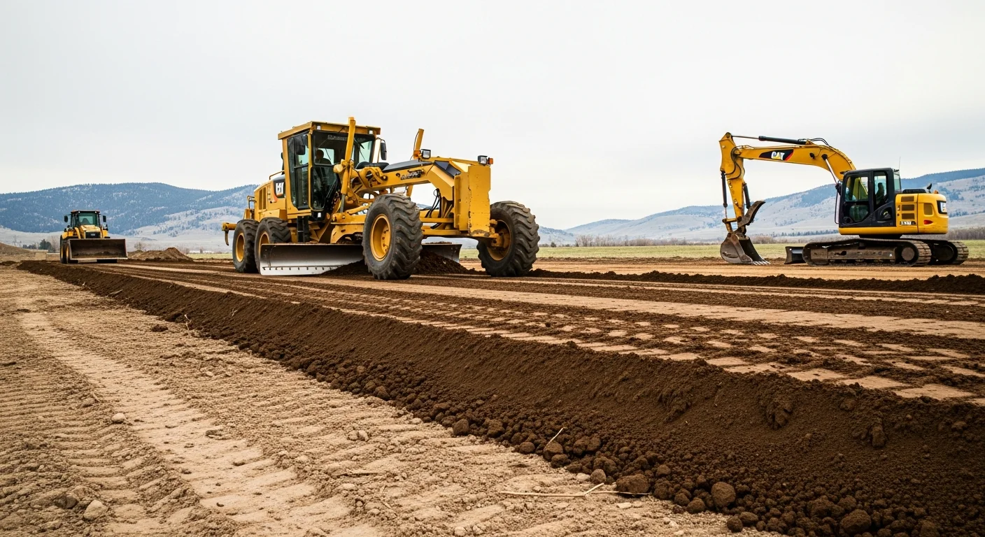A freshly graded and cleared residential building lot in Helena, Montana, with compacted soil and defined drainage slope ready for foundation work. Rocky hillside terrain and open sky typical of the Helena Valley are visible in the background.